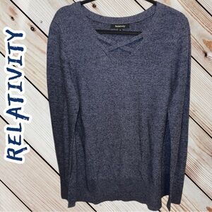NEW-RELATIVITY BLUE CRISSCROSS V NECK SIDE SLITS SWEATER